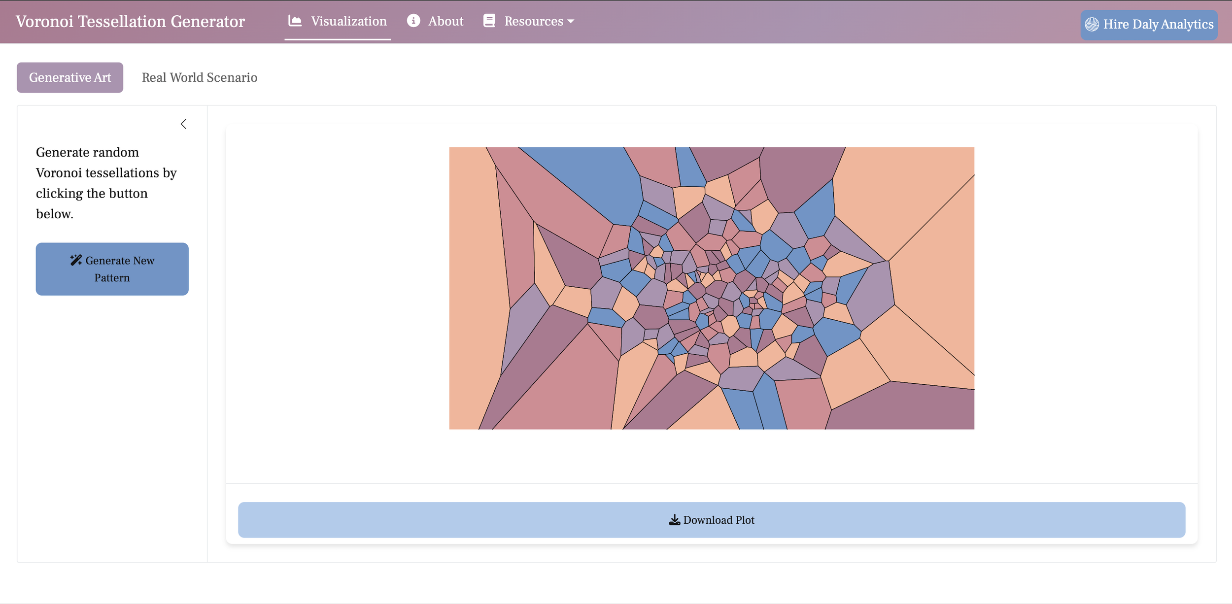 Screenshot of a webpage featuring a Voronoi tessellation generator. The page includes a colorful tessellation pattern with polygonal shapes in shades of blue, pink, and purple. Options for generating new patterns and downloading plots are visible.