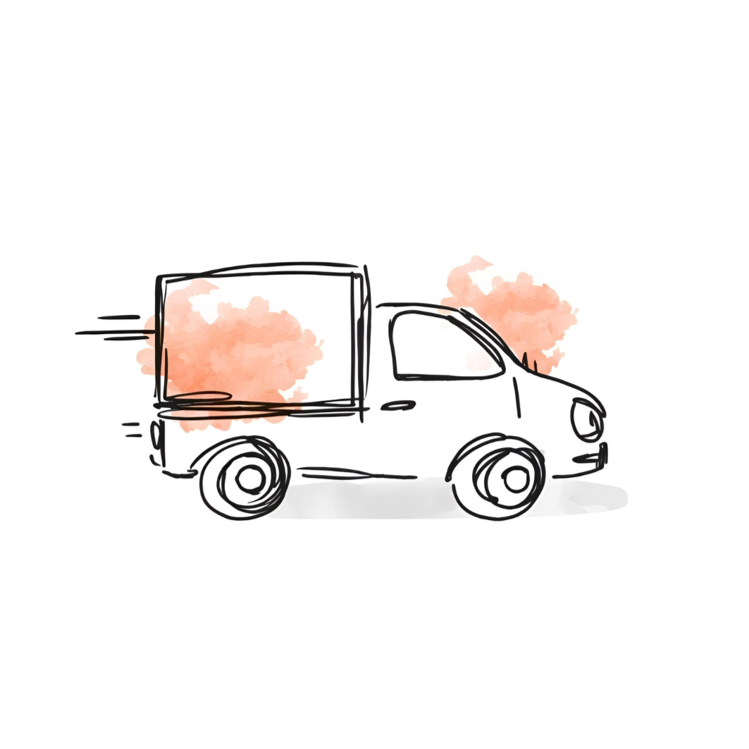 A minimalist illustration of a pickup truck with pinkish-orange clouds of smoke or steam coming from the back.