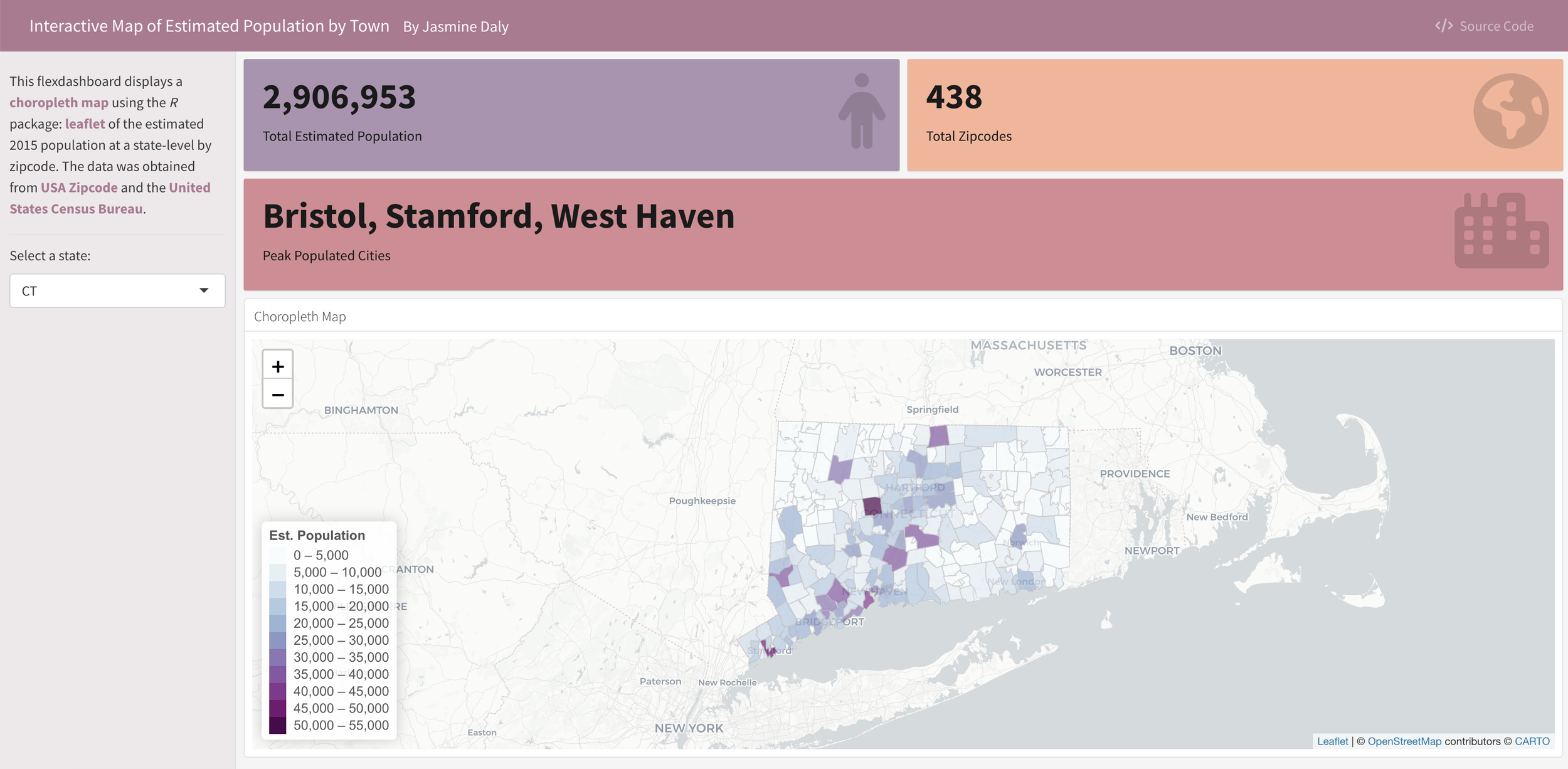 Interactive map displaying estimated population by town in Connecticut, using a choropleth style and OpenStreetMap data. The sidebar shows total estimated population of 2,906,953 and 438 total zip codes, highlighting cities like Bristol, Stamford, and West Haven. Legend shows population ranges.