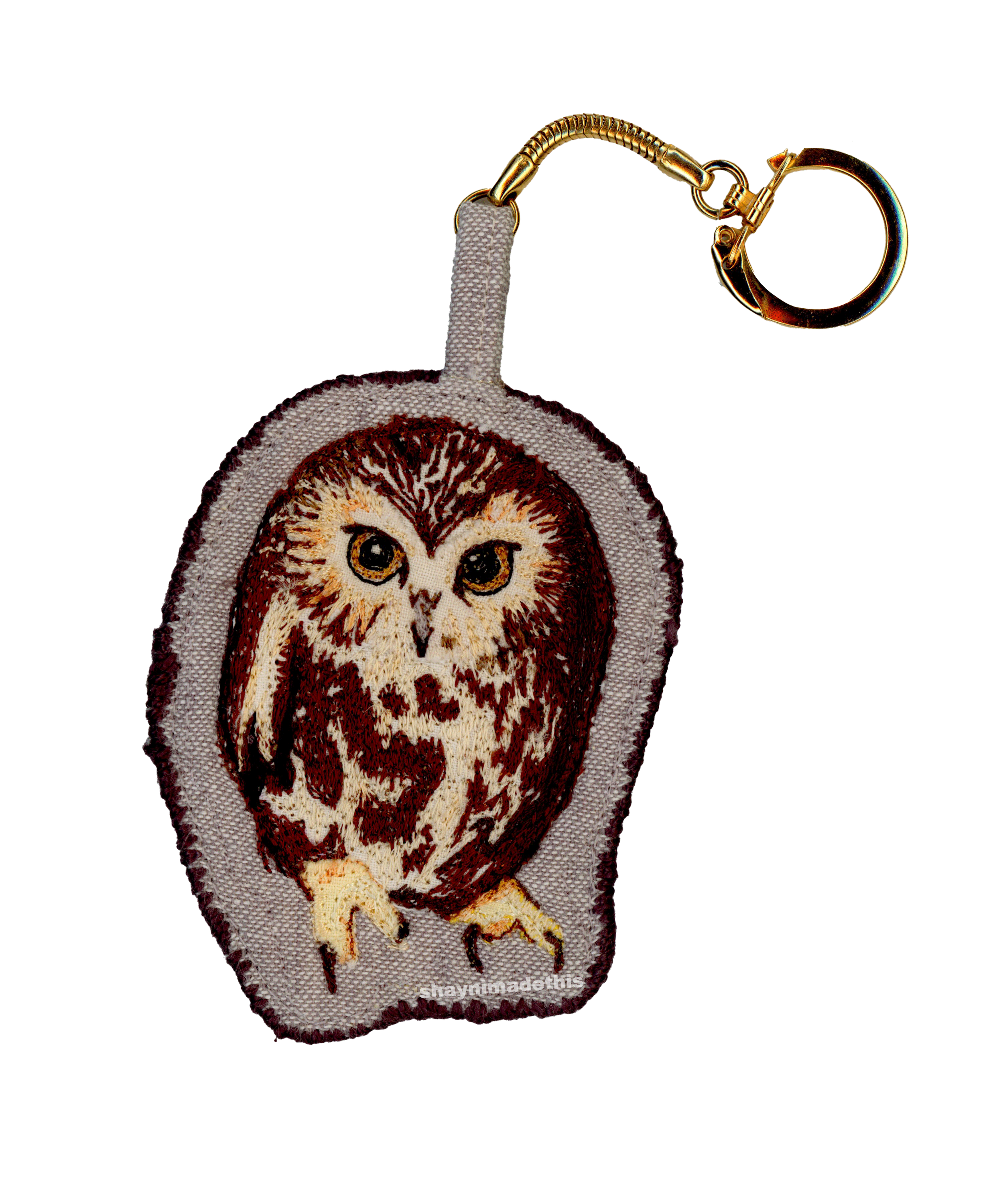 Owl patch keychain with free motion embroidered details. 3/19/26