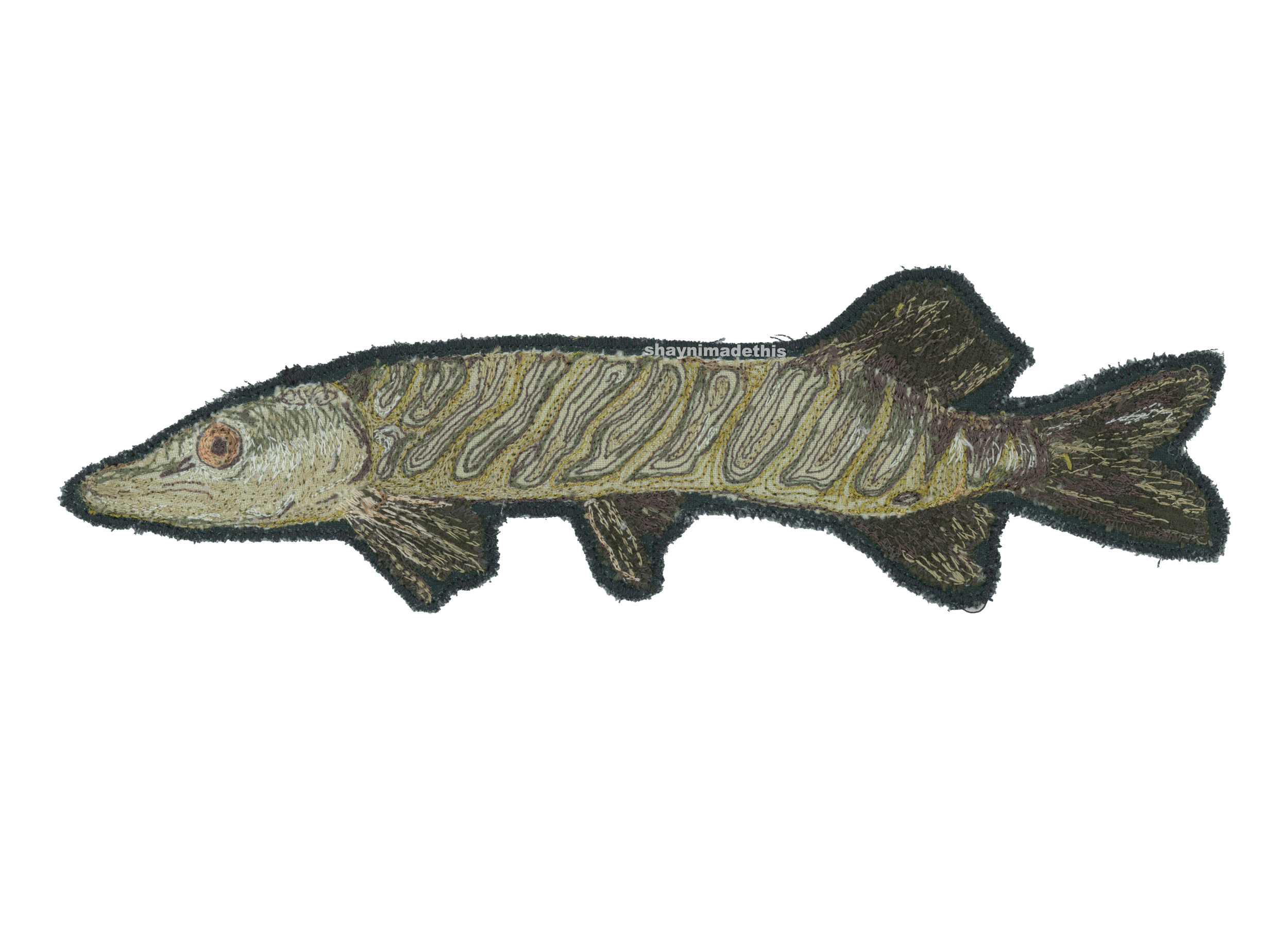Northern pike patch with appliqué and free motion embroidered details. 5/10/26
