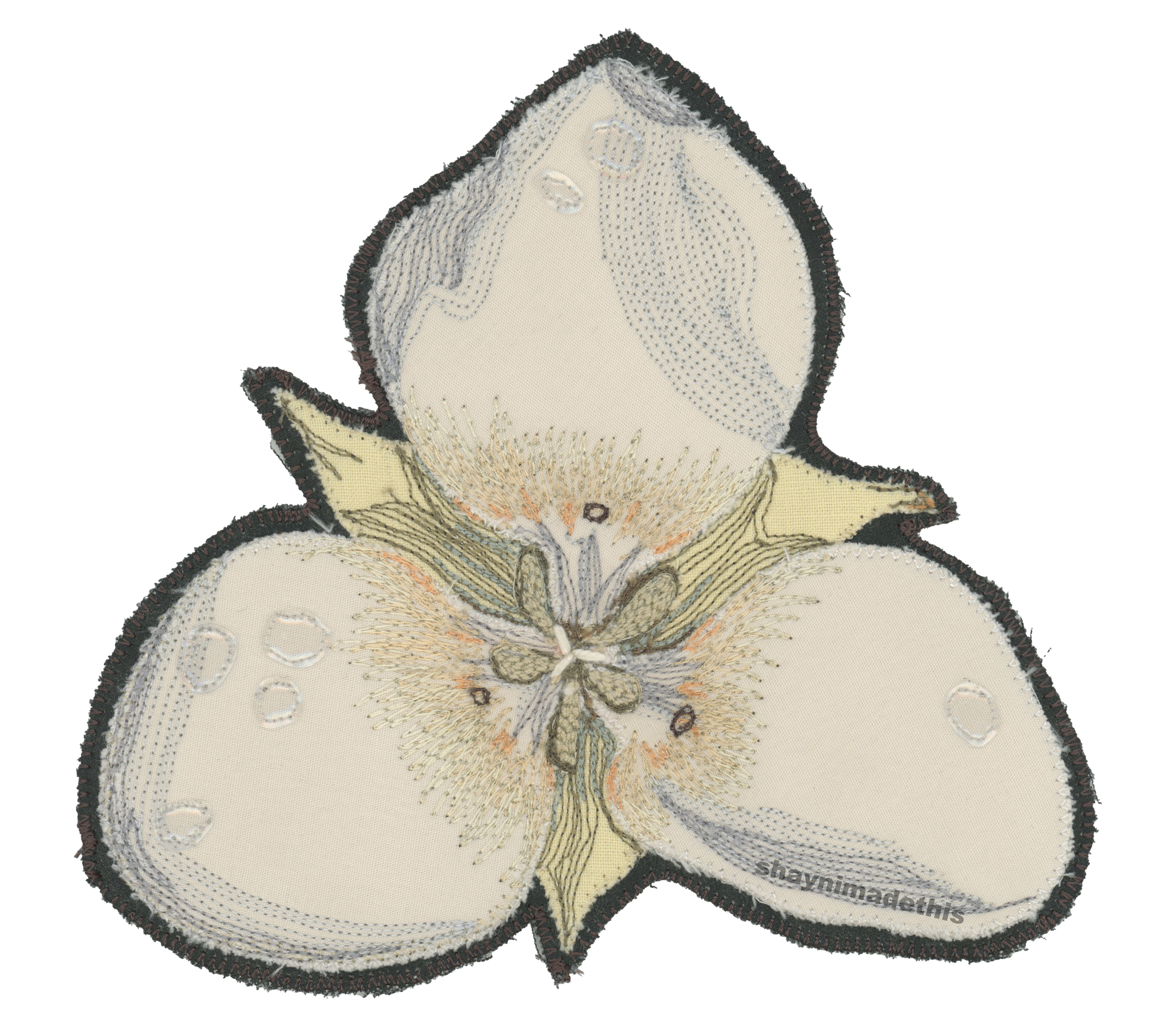 Mariposa Lily 1/2 with free motion embroidered details and vinyl scraps as raindrops 11/14/25