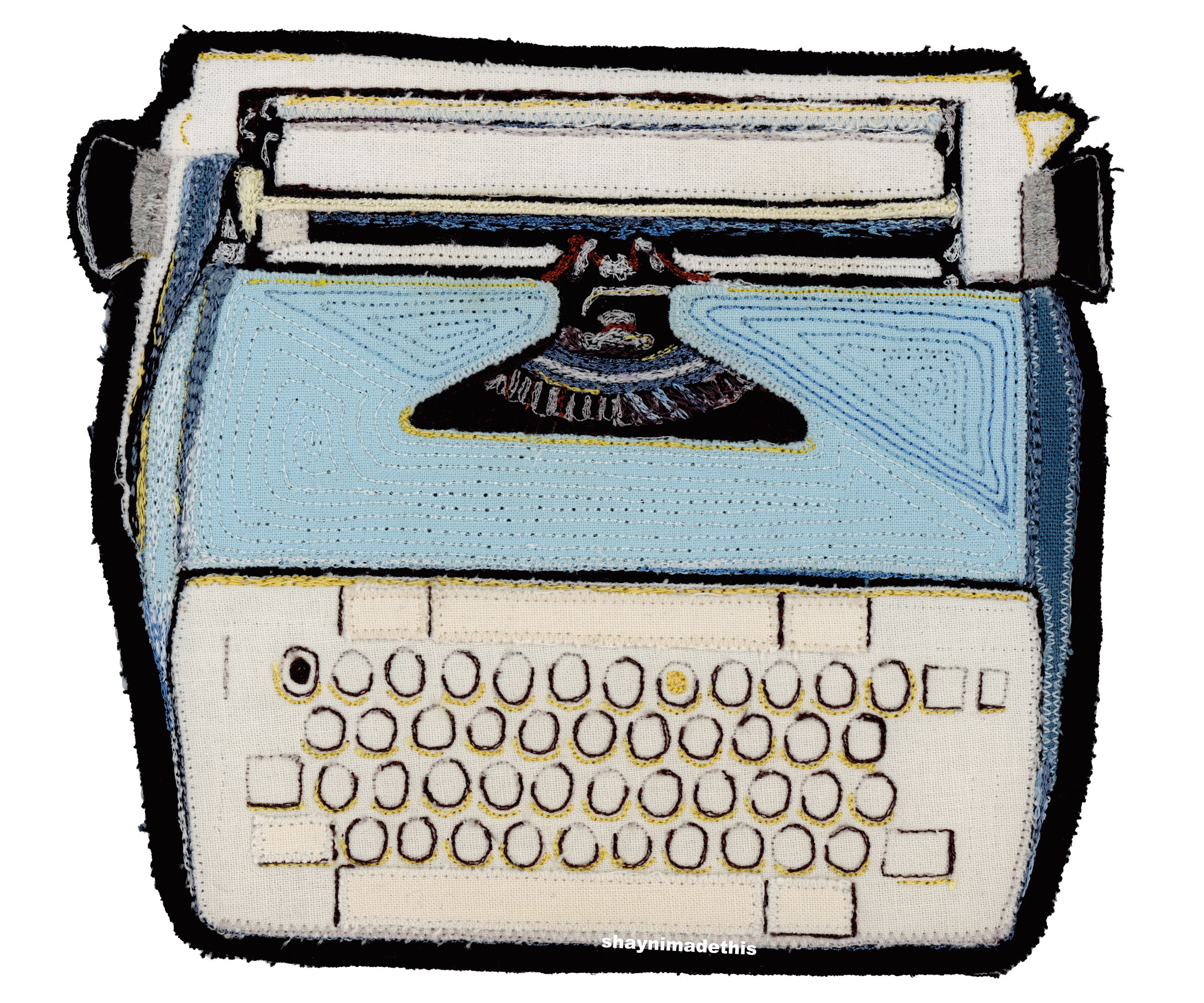 Typewriter patch with appliqué and free motion embroidered details. 3/28/26