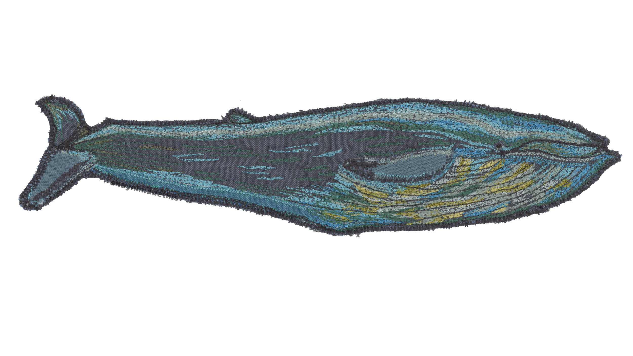 Blue whale applique patch with free motion embroidery details. 1/22/26
