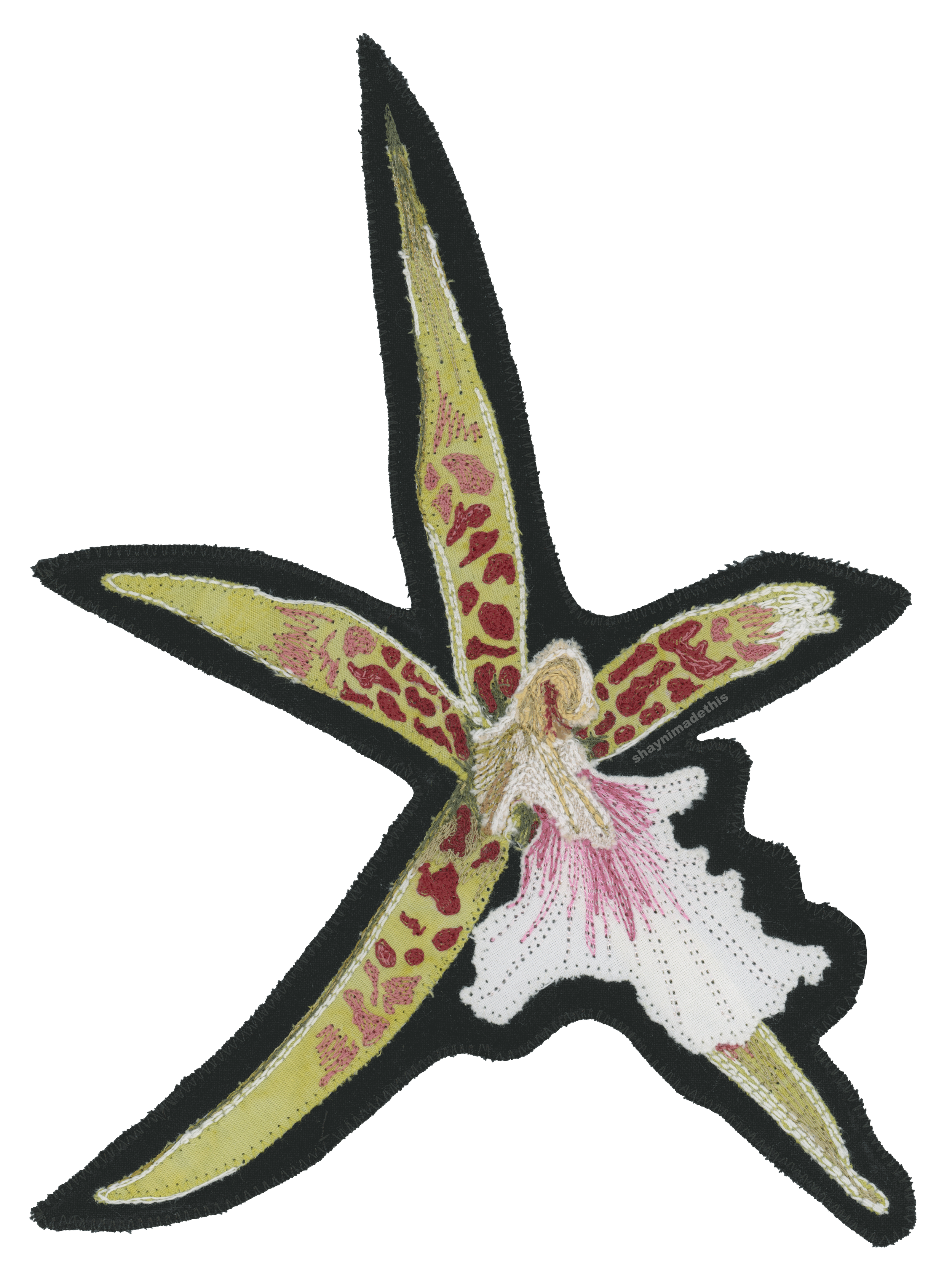 Aspasia Orchid patch created with appliqué and free motion embroidered details. 9/3/26