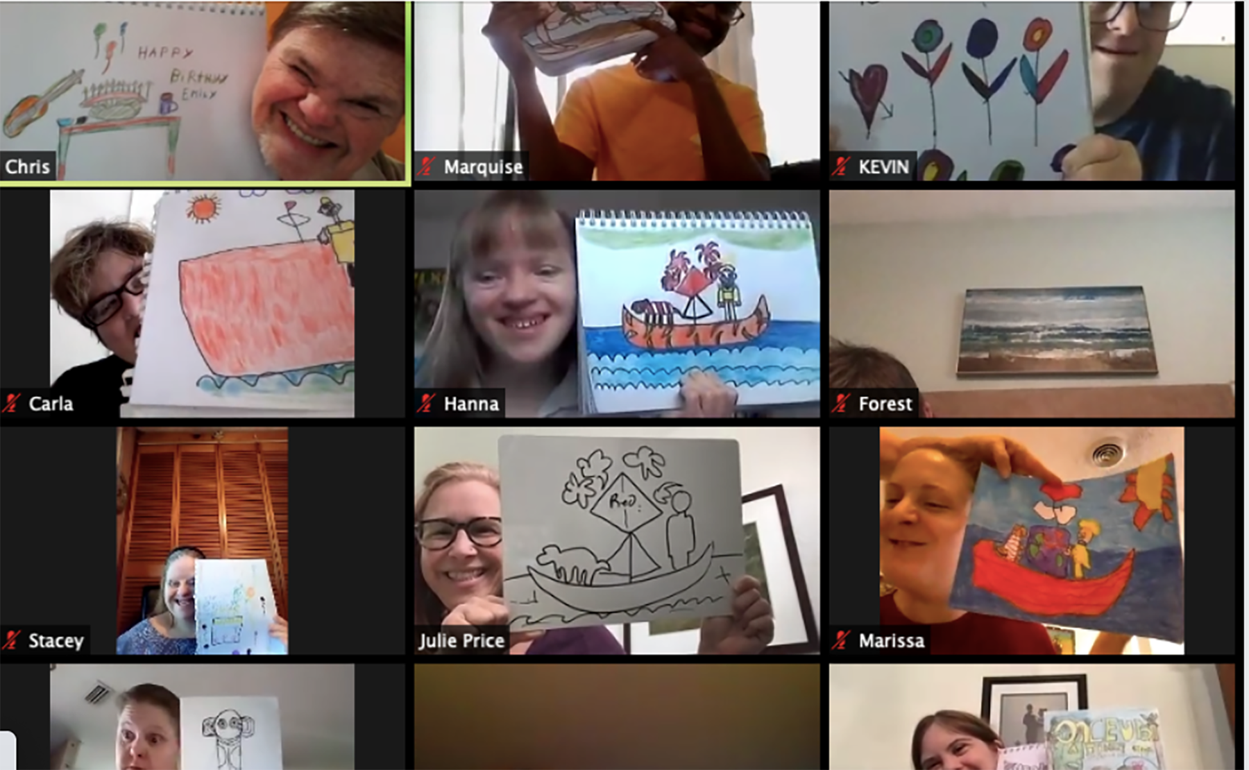 Zoom gathering of 15 artists with disabilities at Creative Clay St Pete holding up illustrations they're working on at home for Splish Splash in July 2020