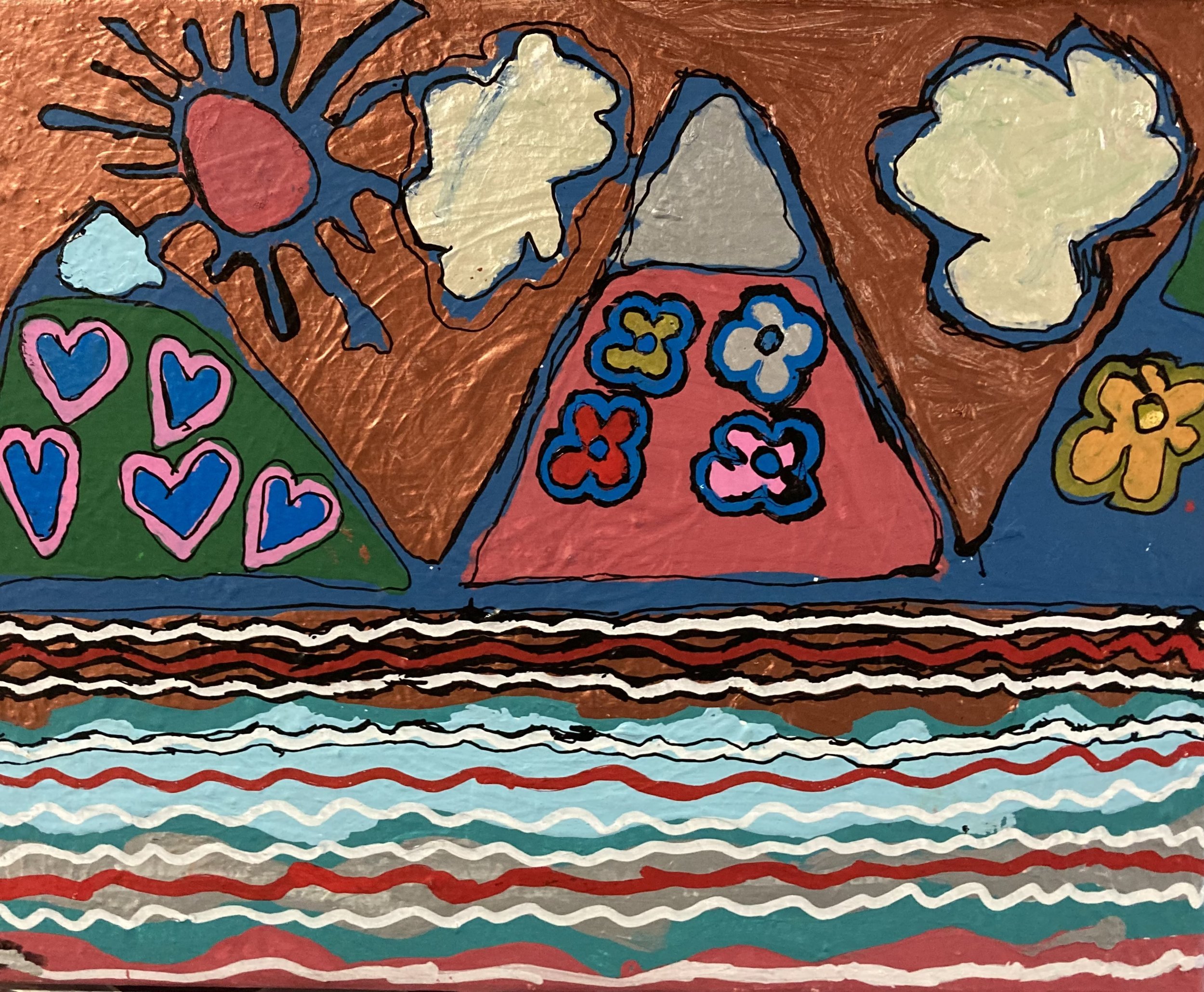 Beautiful Mountain by Jenny D. - expressive acrylic mountain with hearts and clouds and flowers, and a rippling colorful ocean