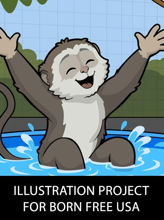 Freeman the monkey comic drawn by Zoodraws by Brian Ahearn for Born Free USA / BORNFREE USA