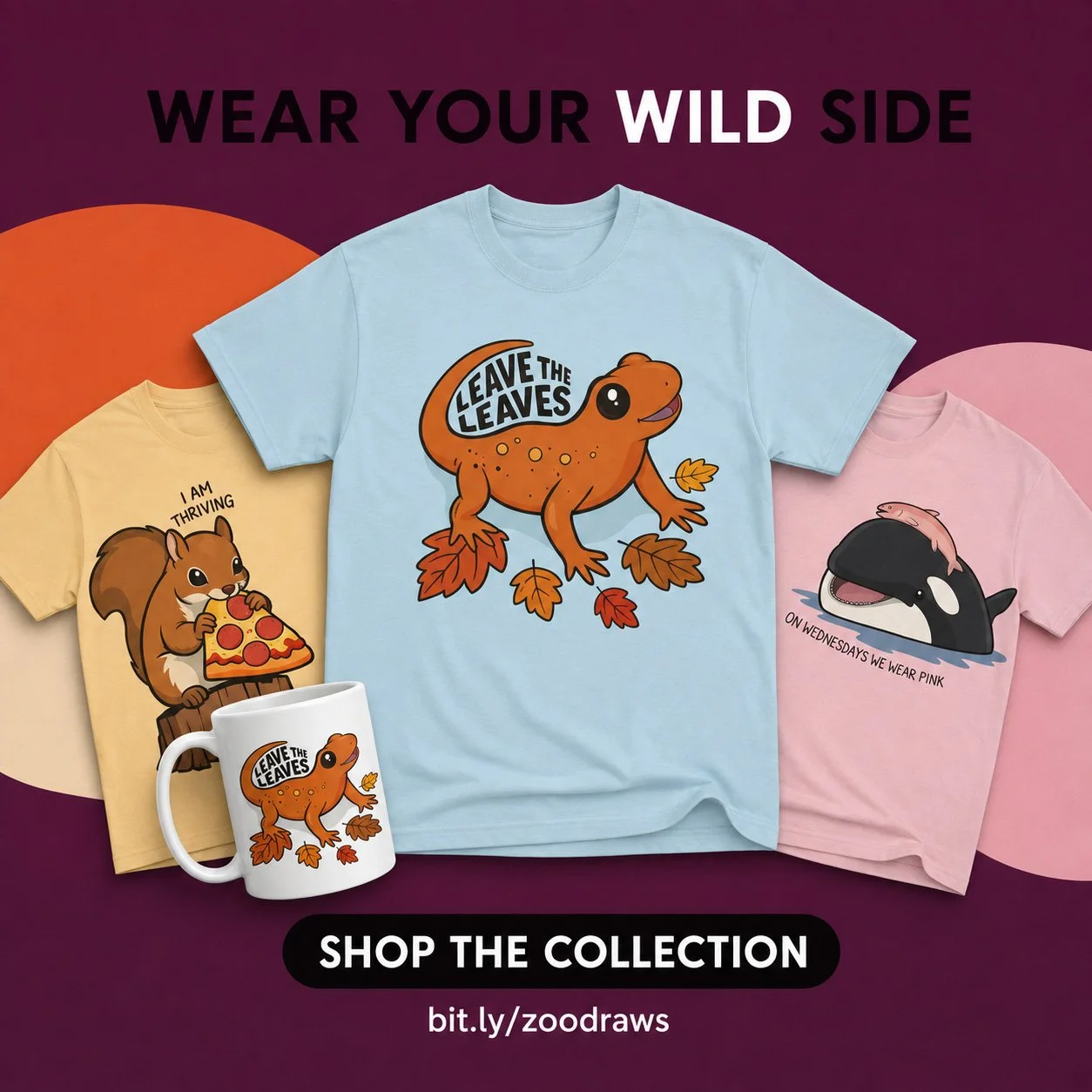 Collection of colorful T-shirts, a mug, and a poster promoting animal-themed apparel. They are hand drawn comics by Brian Ahearn, the artist behind Zoodraws.