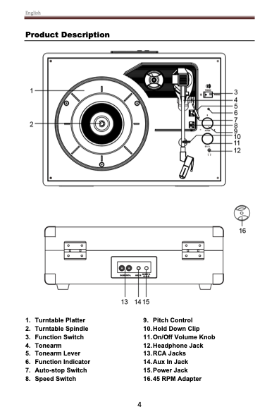 Diagram of a turntable with labeled components including a turntable platter, spindle, function switch, tonearm, tonearm lever, indicator, auto-stop switch, speed switch, pitch control, hold-down clip, on/off volume knob, headphone jack, RCA jacks, auxiliary jack, power jack, and 45 RPM adapter.