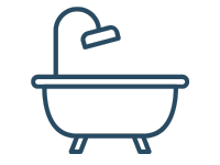 Outline of a bathtub with a showerhead above it.