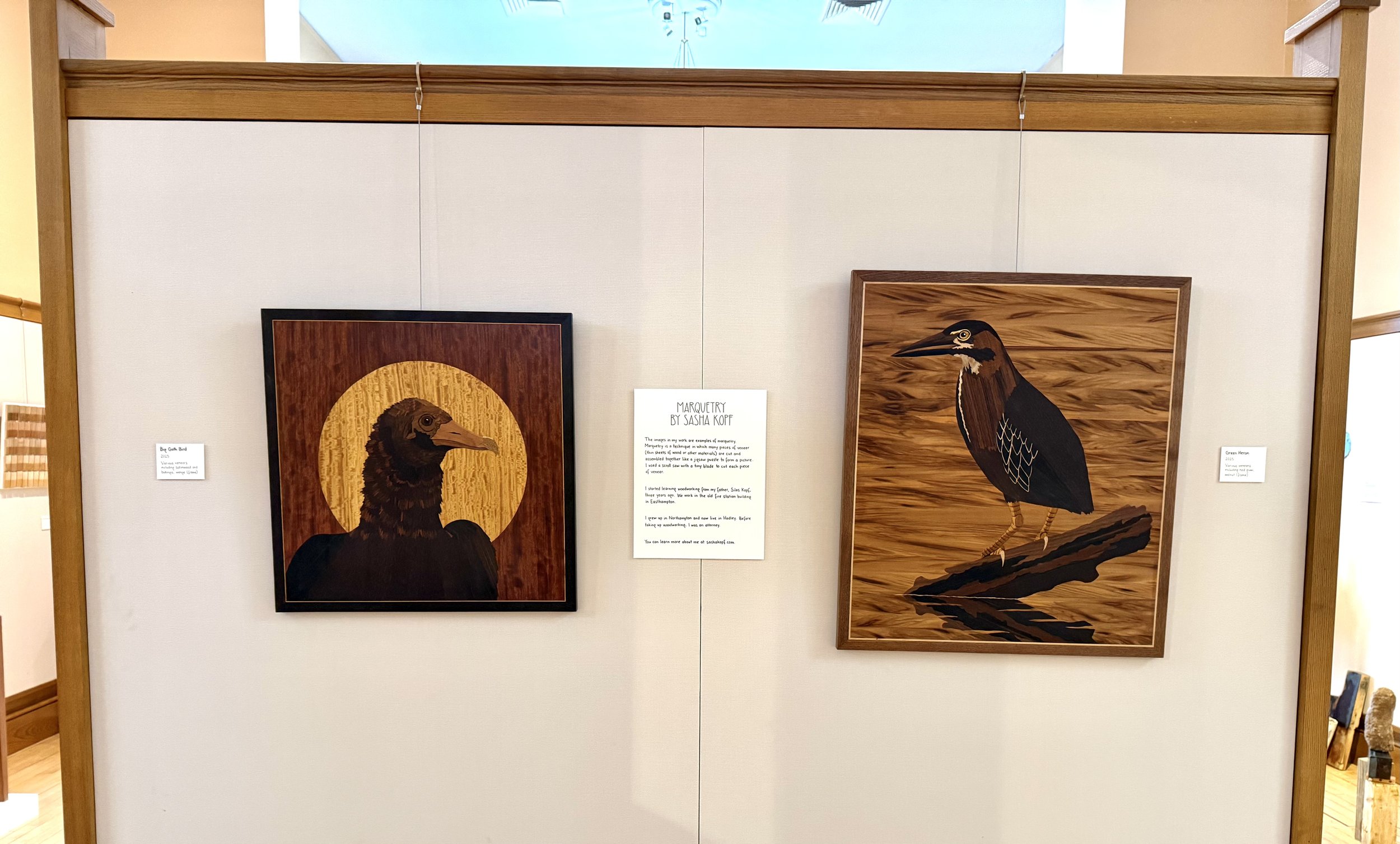 Photo of the gallery space at the Hosmer Gallery with some of my marquetry pieces on display