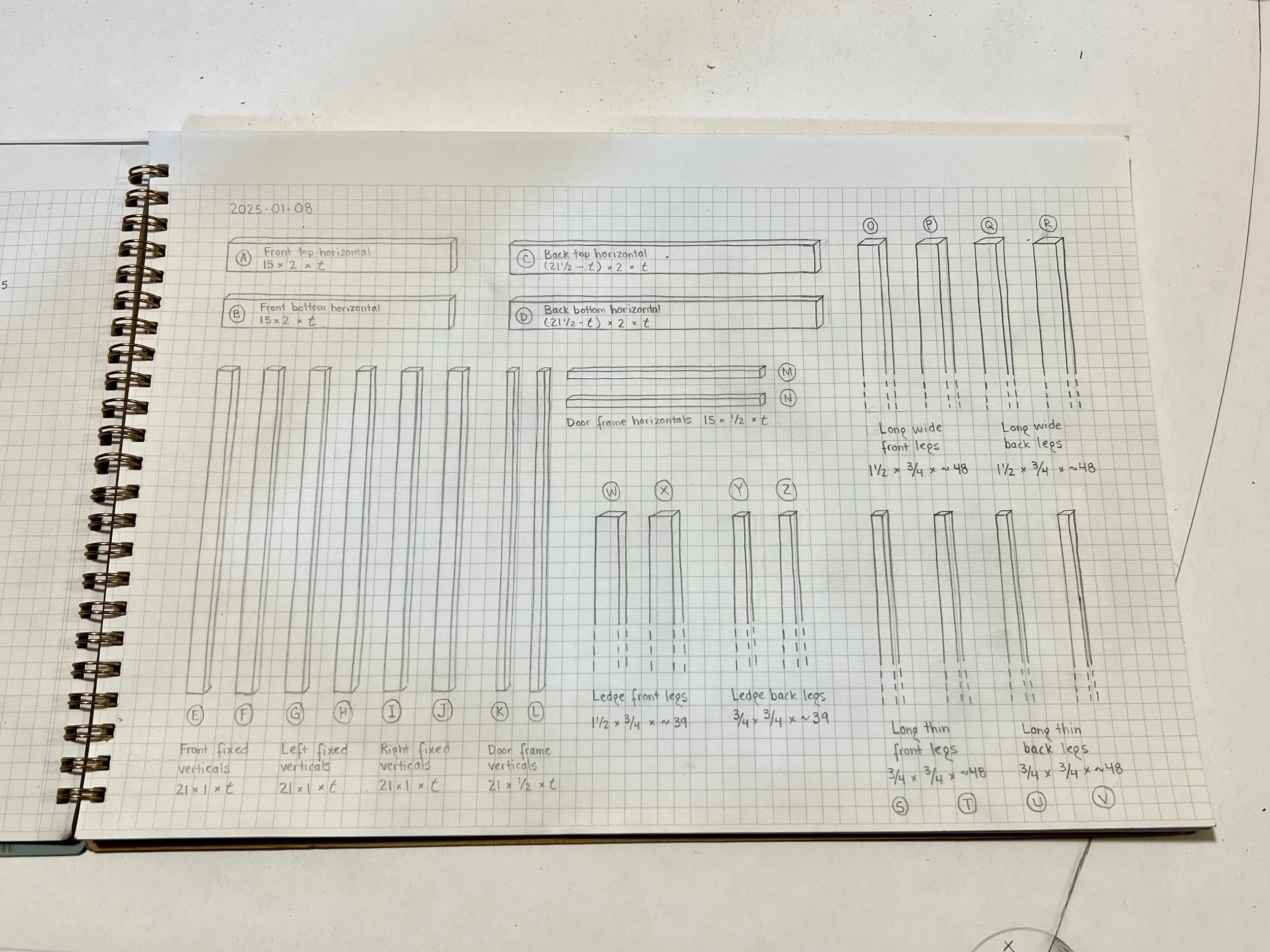 Photograph of my cut list for the board of cherry