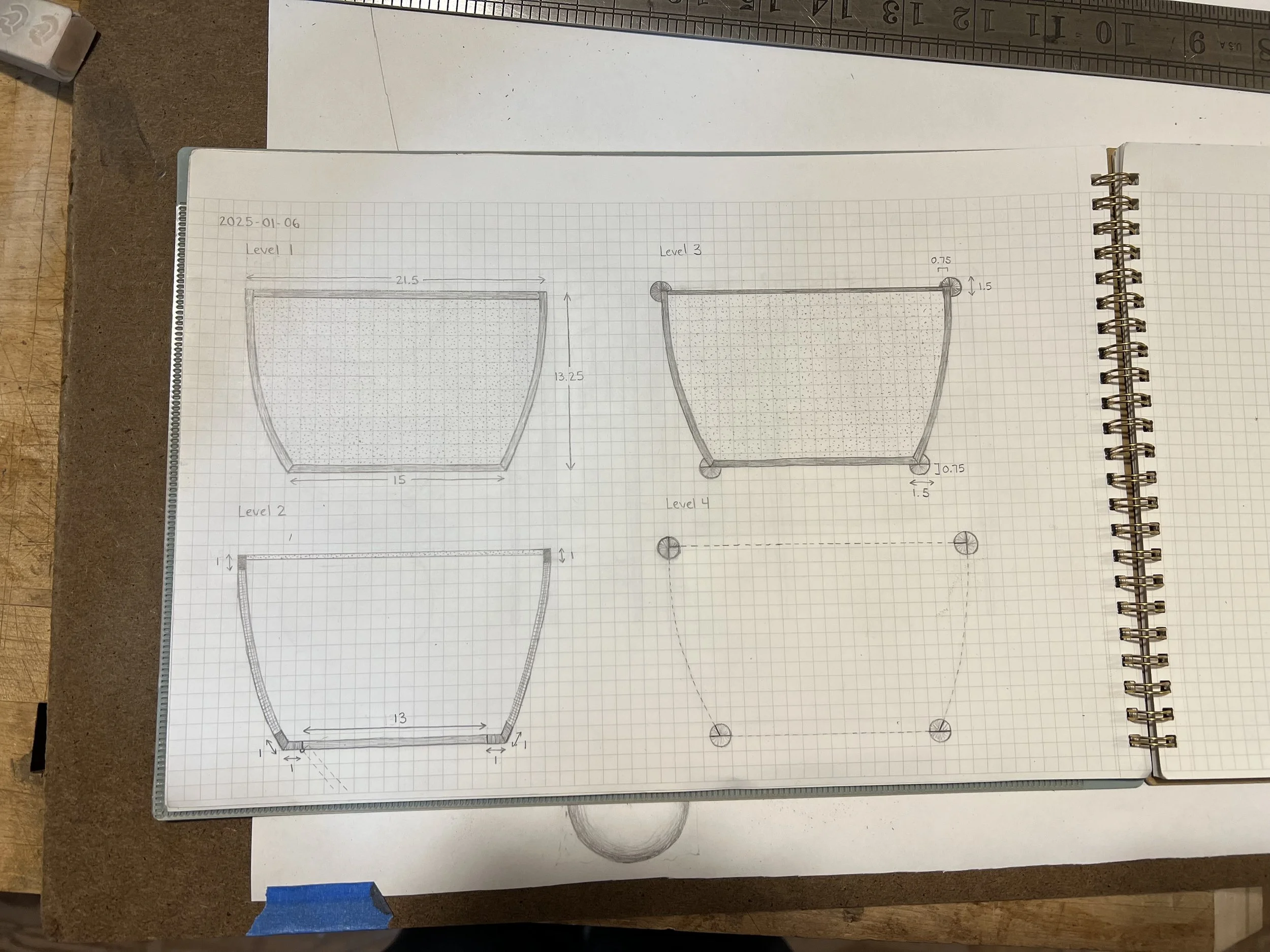 Photo of my birds-eye-view sketches of the cabinet