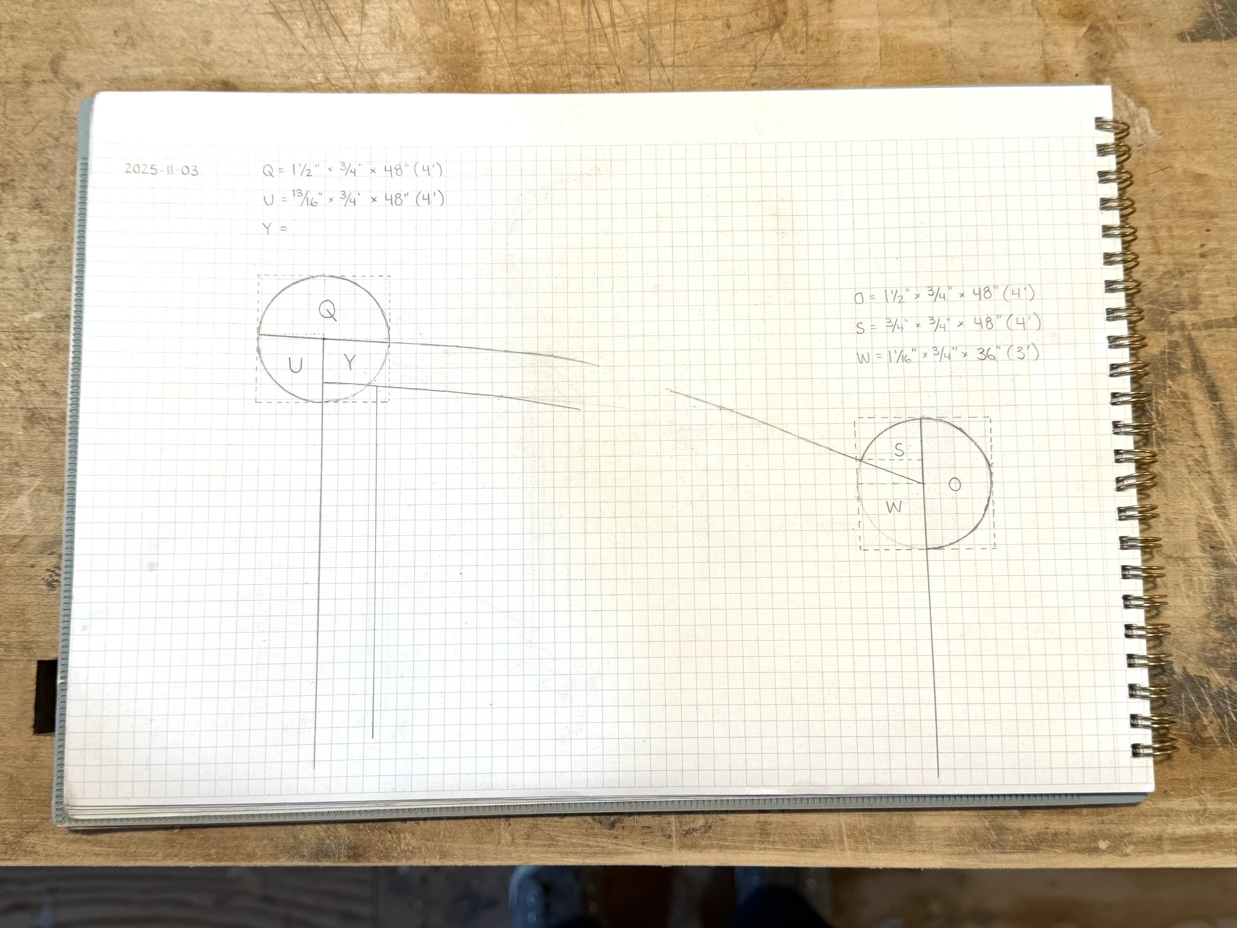 Photograph of  my sketch of cross-sections of the cabinet legs