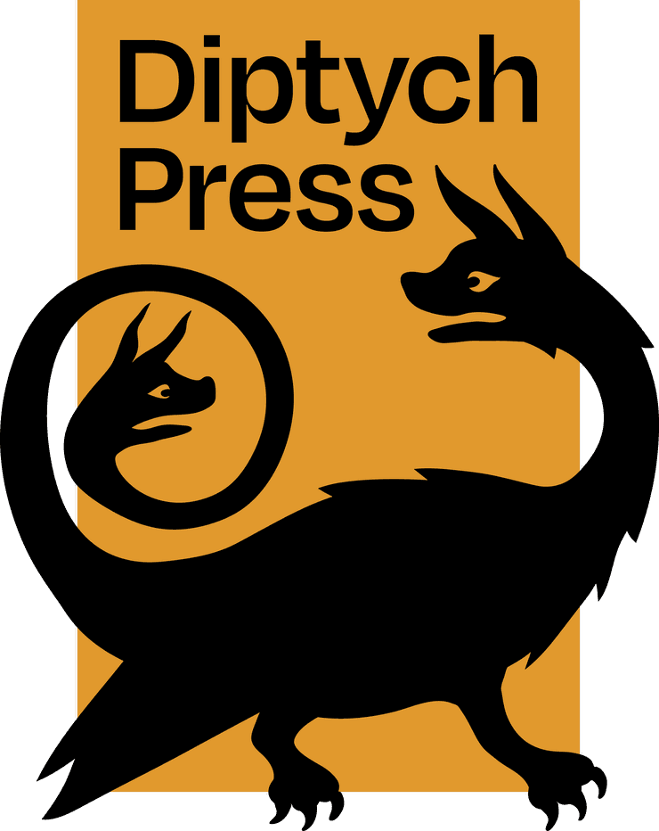 Diptych Press logo — Silhouette of a two-headed creature with fox-like heads on an orange background with the text ‘Diptych Press’.