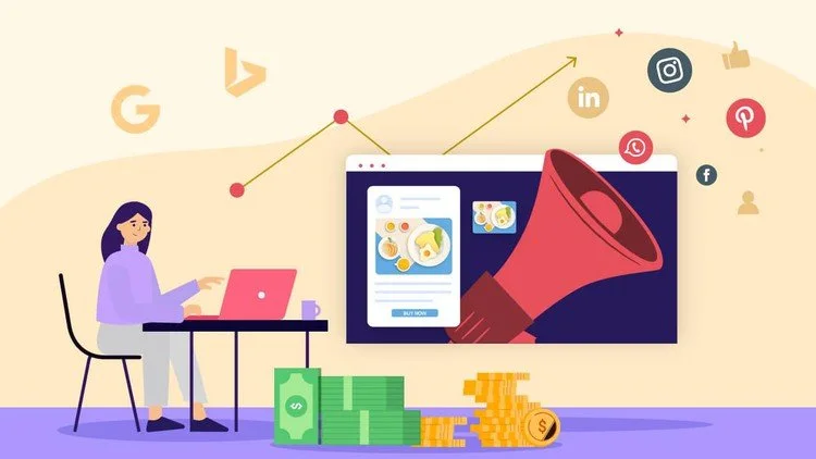 A woman working on a laptop at a desk with a pink sleeve, with a large red megaphone pointing toward a screen with food images. Stacks of money and coins are on the floor. Social media icons and growth chart arrows are in the background, indicating digital marketing or online advertising.