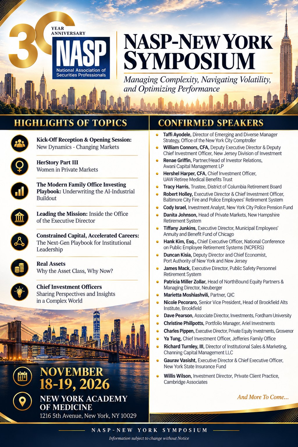 NASP-New York Symposium flyer: highlights of topics and confirmed speakers, November 18-19, 2026