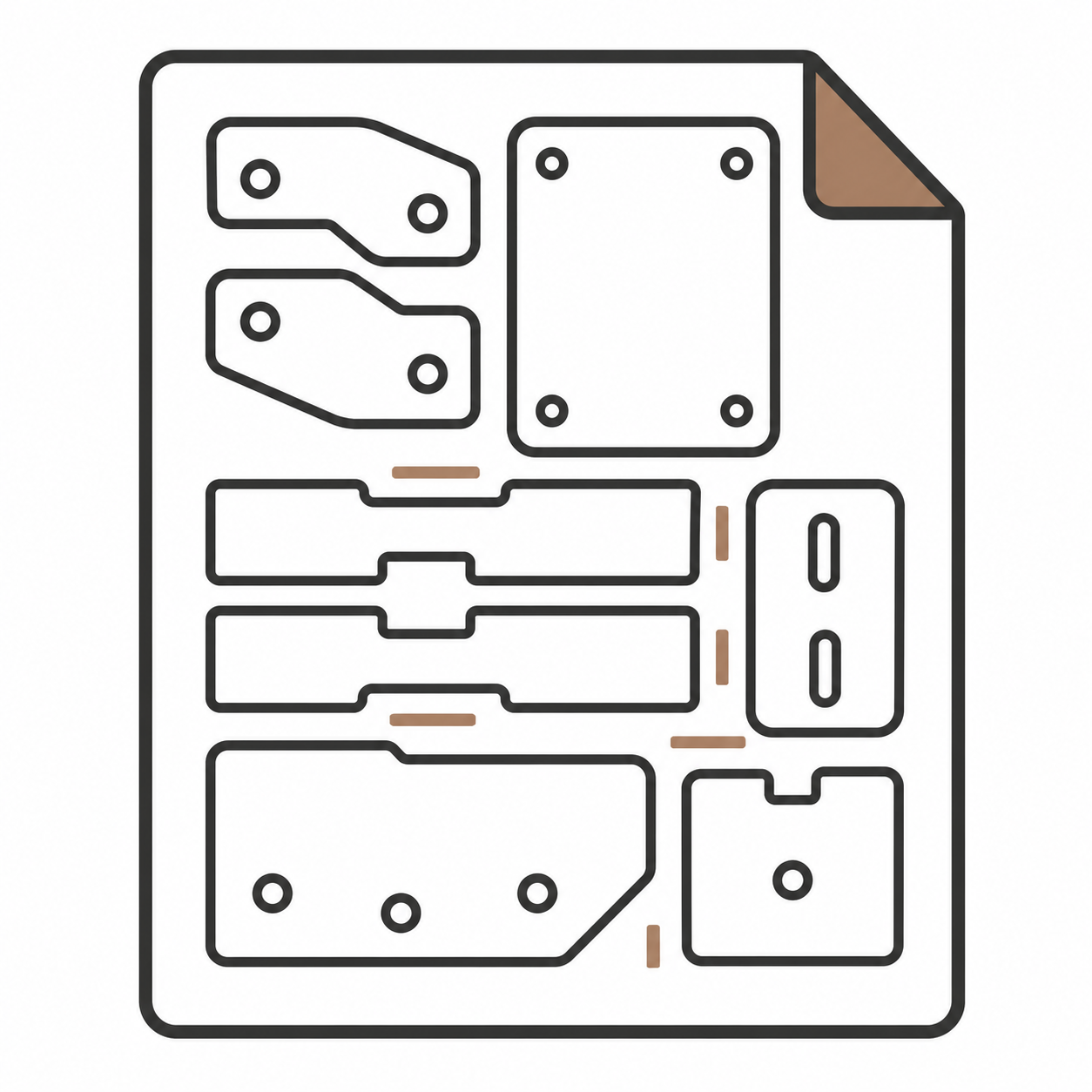 Outline of a board game with various shapes and cutouts, featuring sections outlined in black and some brown markings on a white background.
