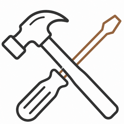 Outline drawing of a hammer, screwdriver, and chisel.