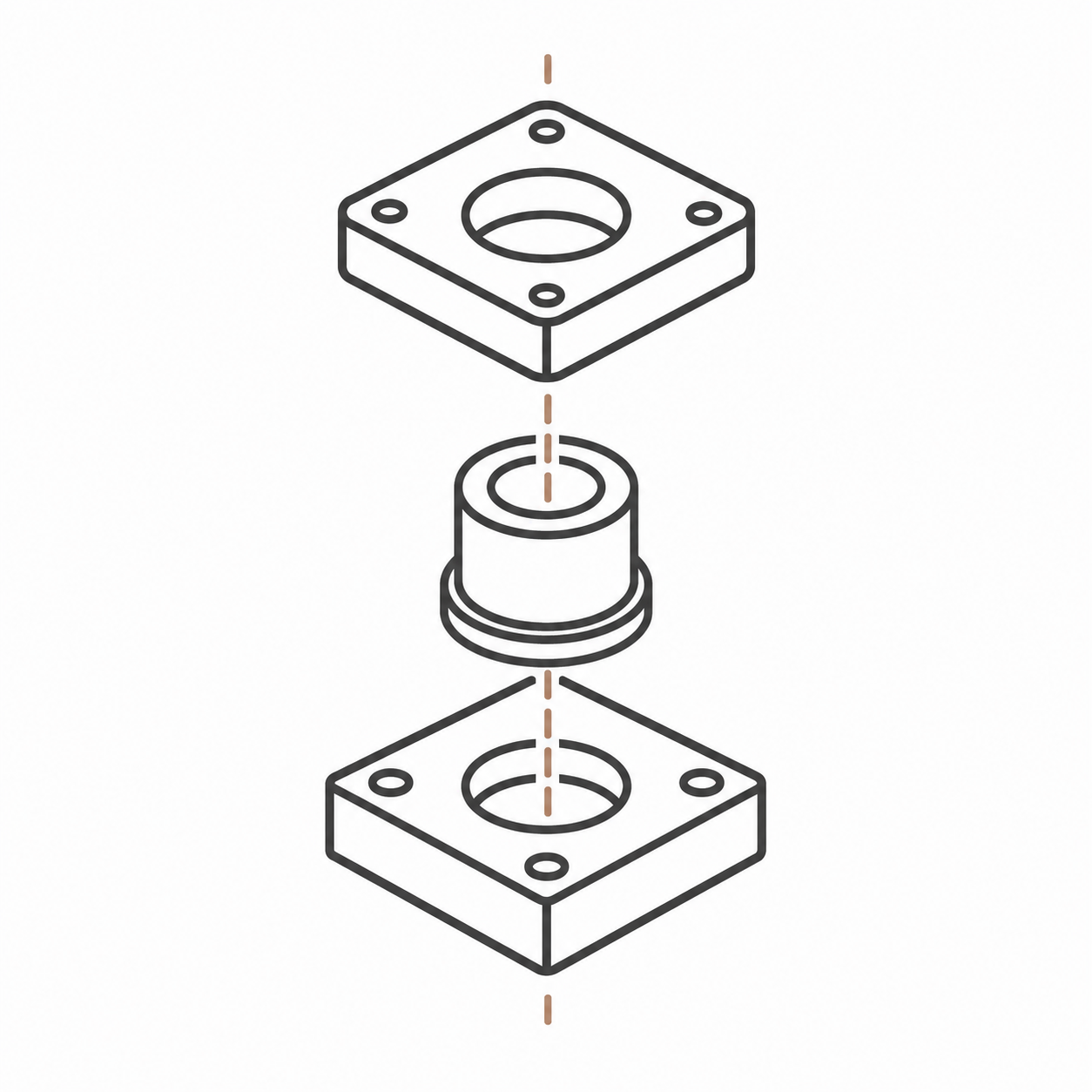 Diagram of an exploded view of a mechanical component assembly showing two square plates and a cylindrical spacer aligned along a dashed centerline.