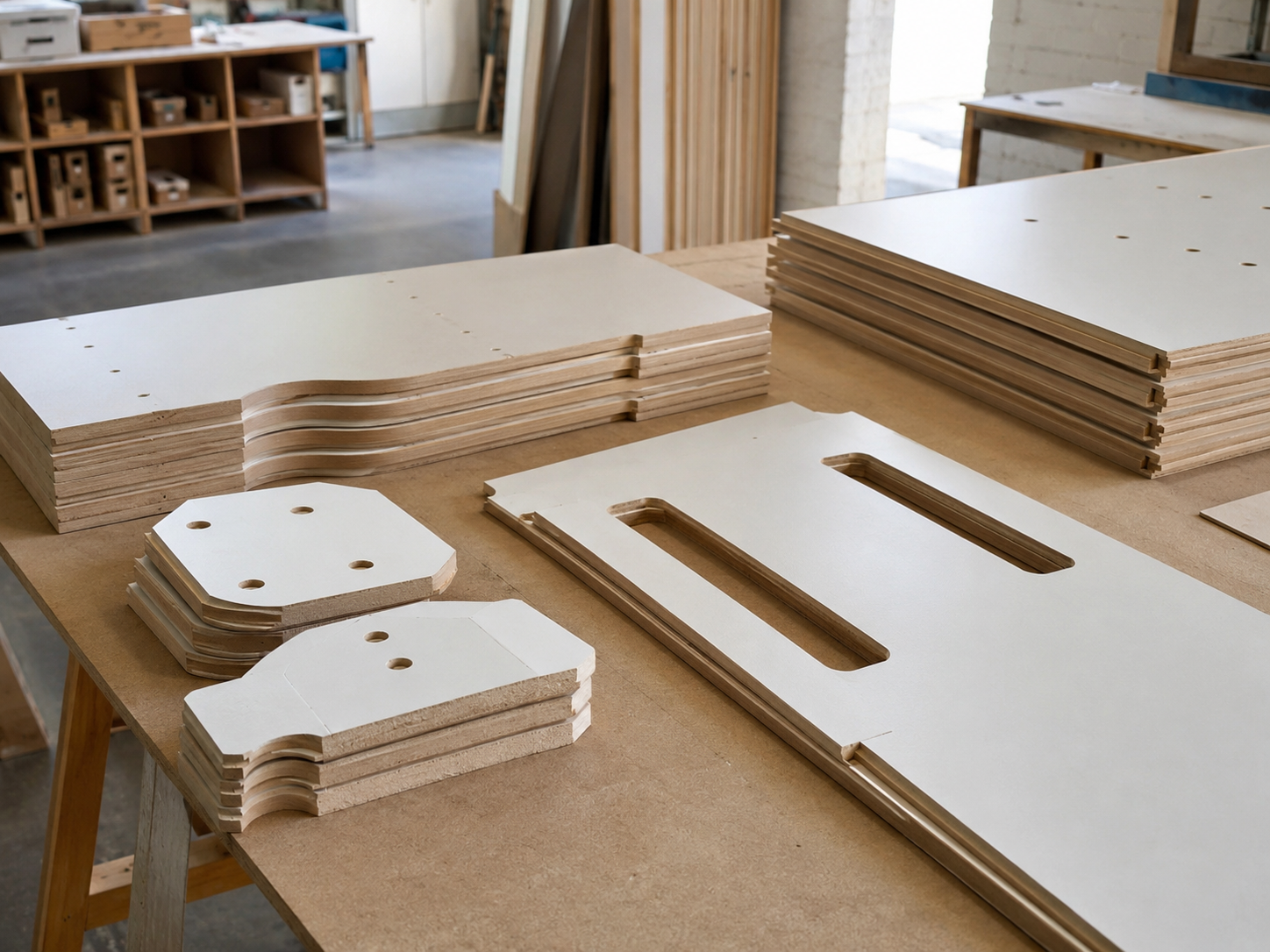 Wooden furniture parts with cutouts and holes, arranged on a workbench in a woodworking shop.
