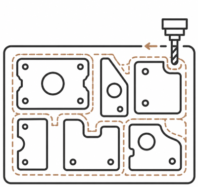 A drill drilling a hole into a piece of material with six other pieces of the same material outlined for cutting.