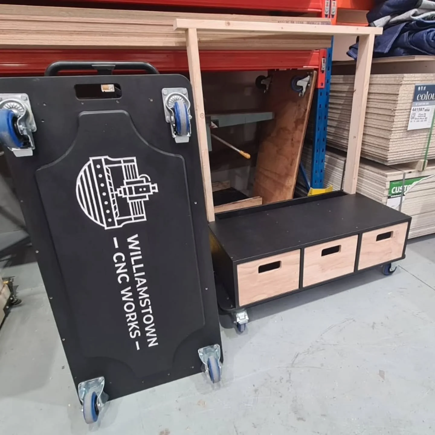 Made some custom site/workshop trolleys. Have reinforced base. Some have tool box storage in them with removable vertical support.

#trolley #dolly #cncrouting
