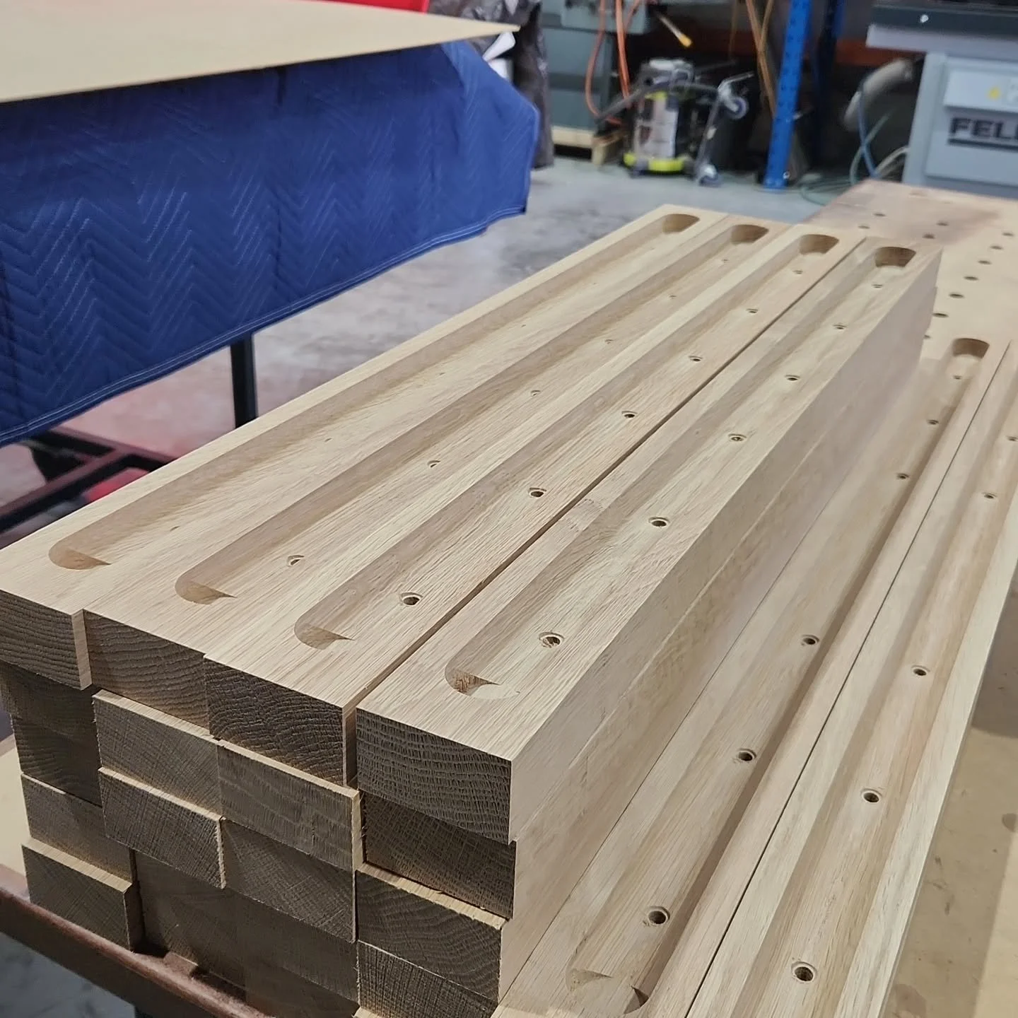 Custom American Oak furniture components. Profiled to match steel tube with insert nut provisions.