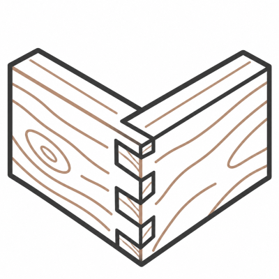 Illustration of a wooden corner joint, showing interlocking pieces of wood in a carpentry style.