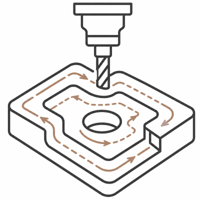 Diagram of a CNC machine engraving a pattern on a block of material.