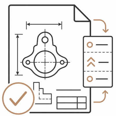 Technical drawing of a mechanical part with annotations, a checklist, and a checkmark icon.