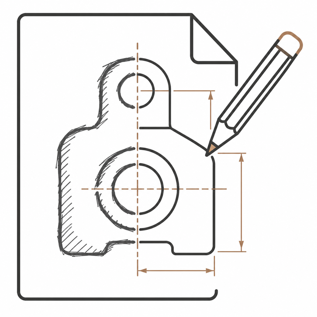 A technical drawing of a human figure with target-like circles on the head and chest, a large pencil pointing to the right, and measurement lines indicating dimensions.