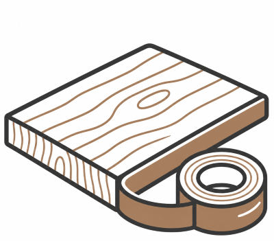 Illustration of a wooden plank and a roll of wood veneer