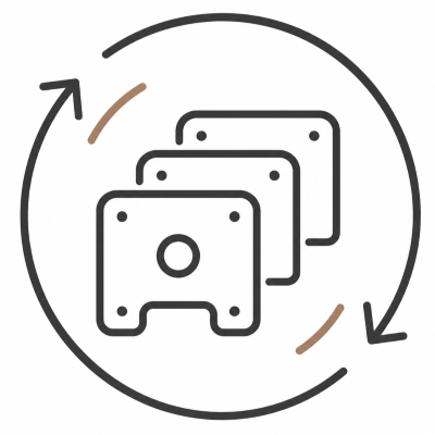 Icon of three cleaning sponge pads inside a circular arrow, representing recycling or rotation.
