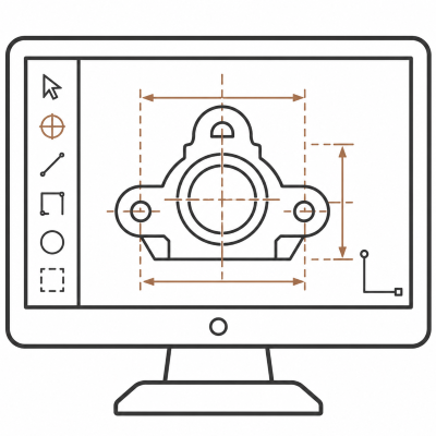 A computer monitor displaying a technical drawing of a mechanical part with measurements and annotations.