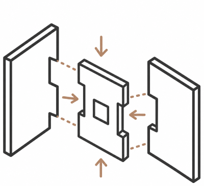 Diagram showing an exploded view of a wall switch mechanism with separate front panel, inner switch, and back housing components.