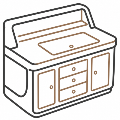 Illustration of a kitchen sink cabinet with a built-in sink, storage cabinets, and drawers.
