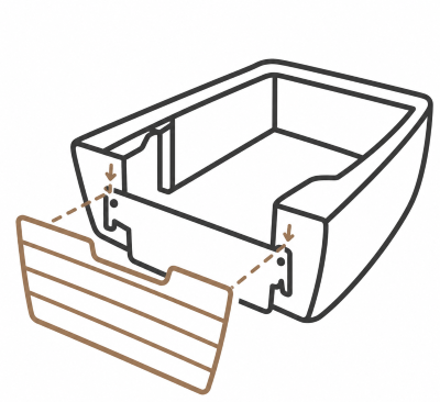 Diagram of a bathtub with a detachable front panel, showing its components and assembly process.
