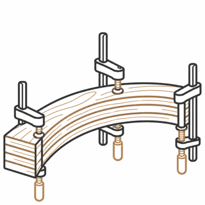 A woodworking clamp holding a curved piece of wood in place for gluing or construction.