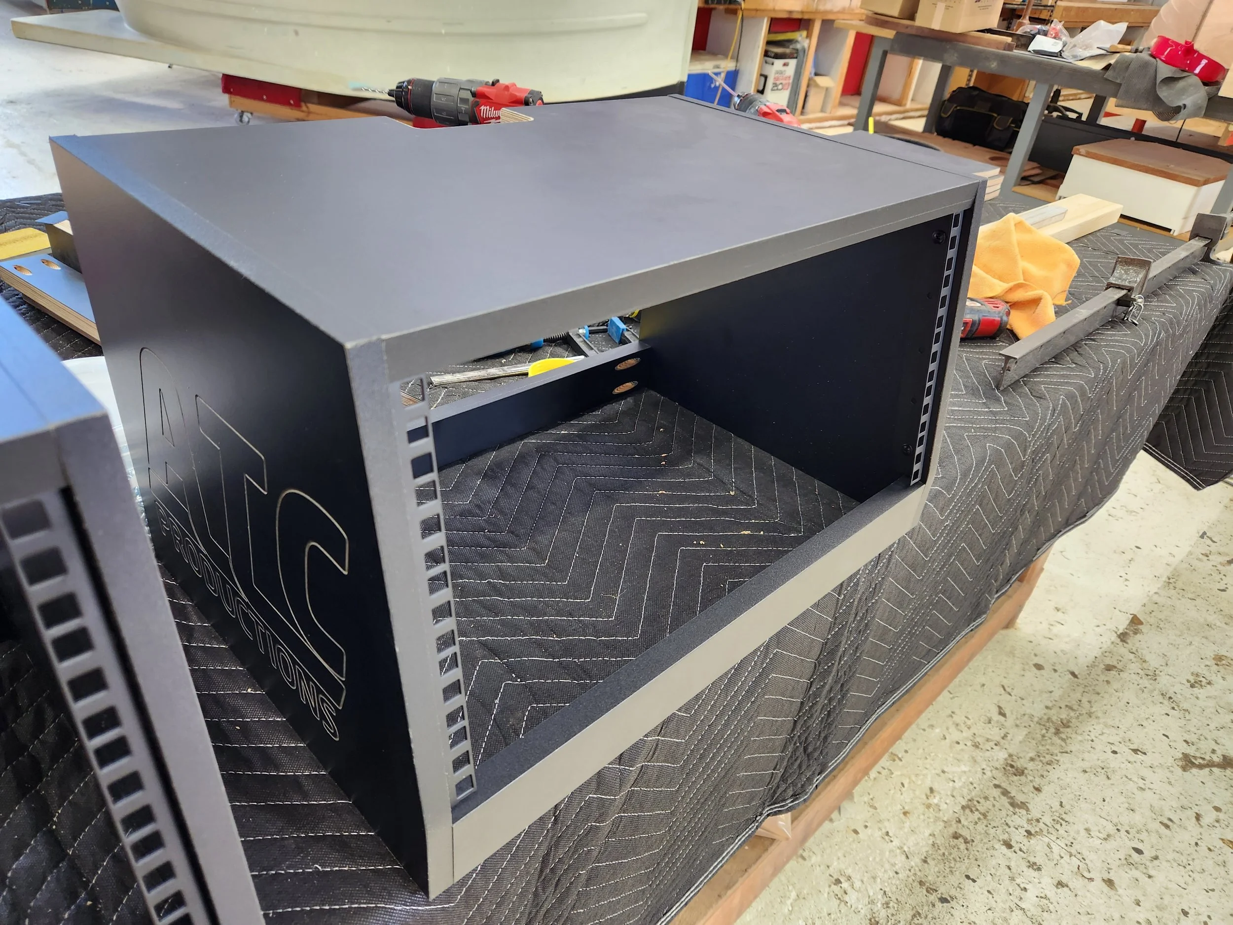 Custom broadcast desk pod for holding rack gear, made for ATC productions.