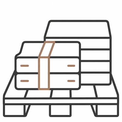 A simple illustration of a pallet with stacked boxes and a carton strap securing them.