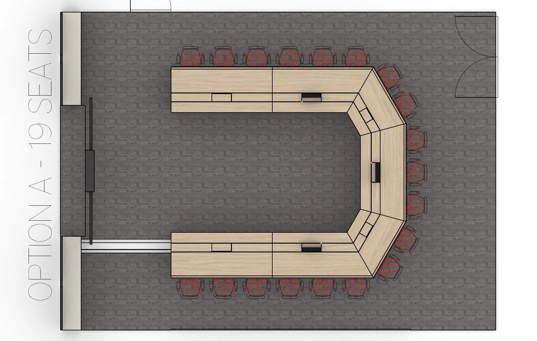 Custom Telstra head office conference desk and room. Over head layout, 19 seats.