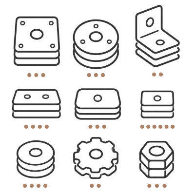 Set of various hardware fasteners and components including screws, washers, brackets, and nuts arranged in an organized layout.