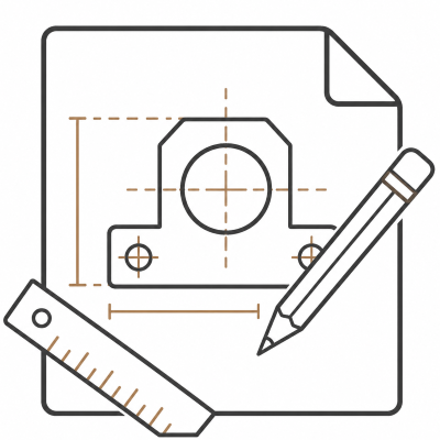 Drawing of a mechanical part with a pencil, ruler, and blueprint.