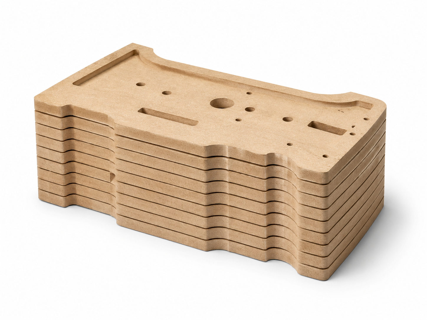 Stack of wooden or MDF parts with various drilled holes and cutouts, likely for assembling a piece of furniture or equipment.
