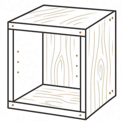Outline of a wooden cube-shaped shelf with open front, visible wood grain and corner screws.