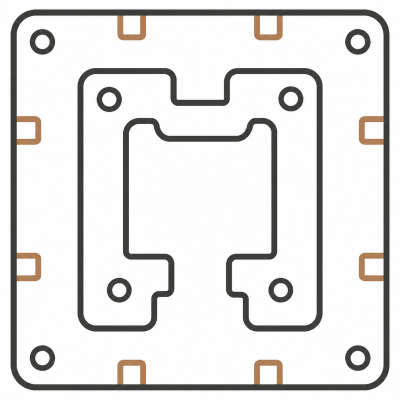 A black and white technical diagram of a square-shaped electronic or mechanical component with multiple holes and slots.