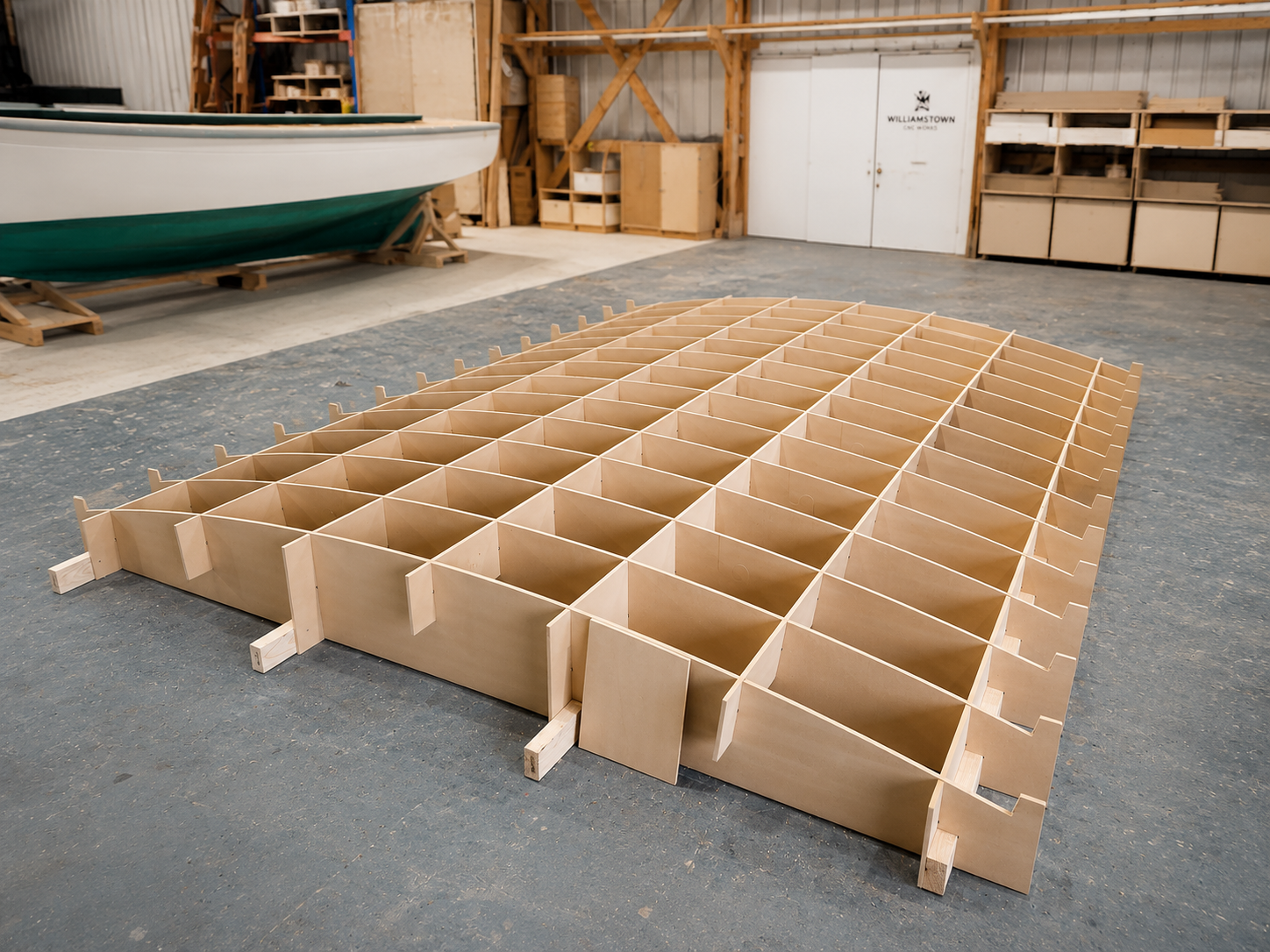 Unfinished wooden boat hull compartments inside a workshop with boat in background.