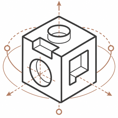 A technical drawing of a three-dimensional cube with various cutouts and openings, featuring a circular hole on top and a larger circular cutout on one side, with axis and rotational guides surrounding it.